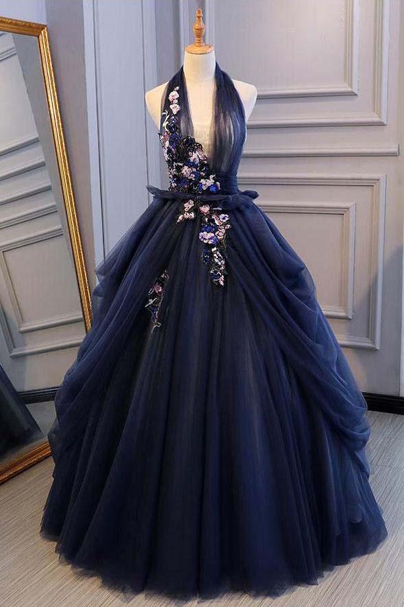 KissProm Veronica A Line Ink Blue Glitter Tulle Lace Prom Dress with Lace Up Back Ink Blue / 2