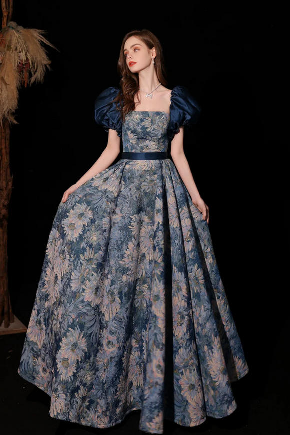 Lovely Blue Floral A Line Off Shoulder Party Dress, Blue Prom Dress Evening Dress APP1060