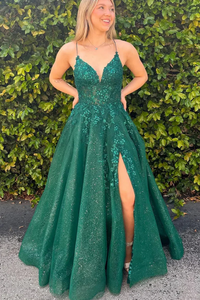 Dark Green Tulle with Lace Applique Long Prom Dresses, Party Dress APP1061