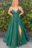 Dark Green Tulle with Lace Applique Long Prom Dresses, Party Dress APP1061