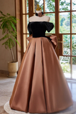 A Line Off Shouder Satin Brown Long Prom Dress, Brown Long Formal Dress APP1063