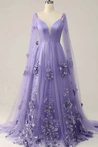 Purple A Line V Neckline Flowers Tulle Prom Dress, Purple Low Back Evening Dress APP1066