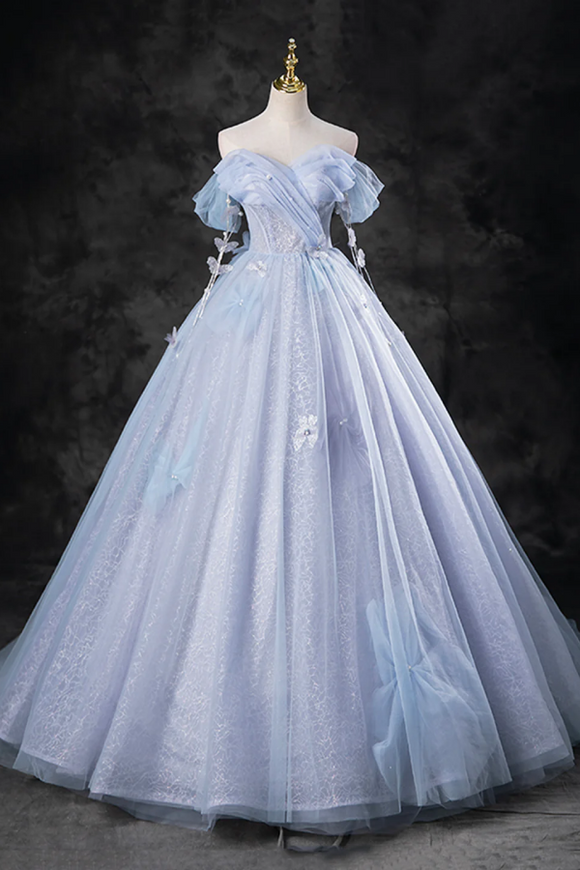 Blue Pearl Tulle Floor Length Prom Dress, A Line Off the Shoulder Formal Party Dress APP1068