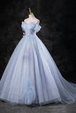 Blue Pearl Tulle Floor Length Prom Dress, A Line Off the Shoulder Formal Party Dress APP1068