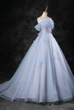 Blue Pearl Tulle Floor Length Prom Dress, A Line Off the Shoulder Formal Party Dress APP1068