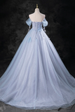 Blue Pearl Tulle Floor Length Prom Dress, A Line Off the Shoulder Formal Party Dress APP1068