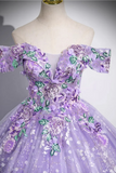 Off Shoulder Purple Lace Sweetheart Party Dress, Purple Sweet 16 Dress APP1071