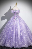 Off Shoulder Purple Lace Sweetheart Party Dress, Purple Sweet 16 Dress APP1071