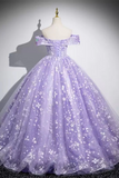 Off Shoulder Purple Lace Sweetheart Party Dress, Purple Sweet 16 Dress APP1071