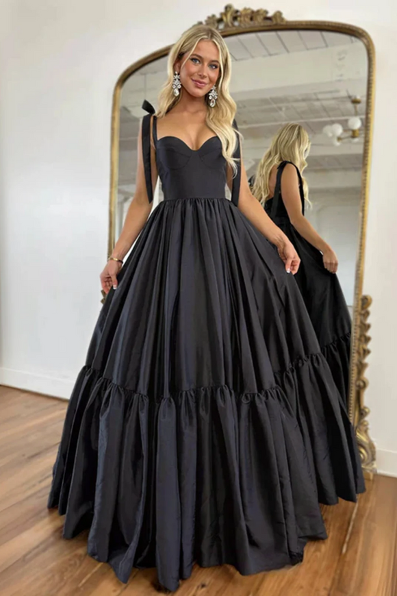 A Line Black Straps Taffeta Sweetheart Long Prom Dress, Black Formal Dress APP1072