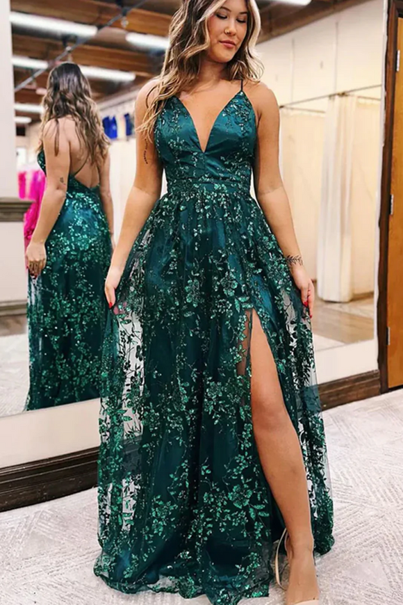 A Line V Neckline Straps Cross Back Green Party Dress, Green Lace Prom Dress APP1073