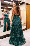 A Line V Neckline Straps Cross Back Green Party Dress, Green Lace Prom Dress APP1073