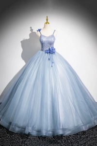 Blue Spaghetti Strap Tulle Floor Length Prom Dress, A Line Evening Party Dress APP1074