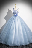 Blue Spaghetti Strap Tulle Floor Length Prom Dress, A Line Evening Party Dress APP1074