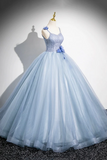 Blue Spaghetti Strap Tulle Floor Length Prom Dress, A Line Evening Party Dress APP1074