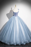 Blue Spaghetti Strap Tulle Floor Length Prom Dress, A Line Evening Party Dress APP1074