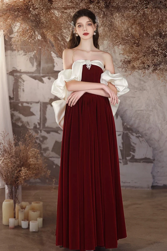 A Line Velvet Burgundy Long Prom Dress, Burgundy Long Formal Dress APP1075