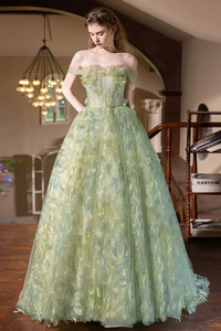 A Line Tulle Lace Green Long Prom Dress, Green Long Formal Dress APP1077