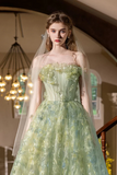 A Line Tulle Lace Green Long Prom Dress, Green Long Formal Dress APP1077