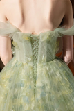 A Line Tulle Lace Green Long Prom Dress, Green Long Formal Dress APP1077