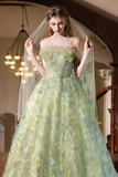 A Line Tulle Lace Green Long Prom Dress, Green Long Formal Dress APP1077