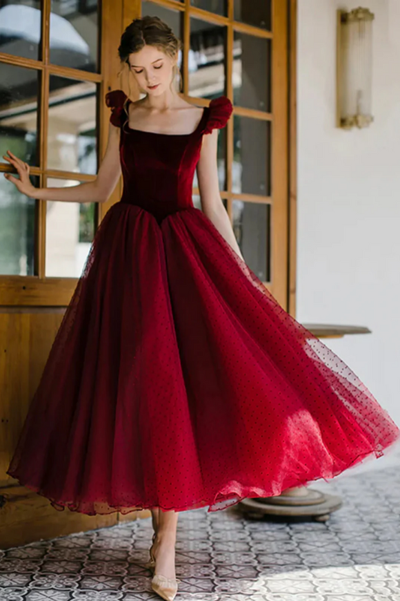 Wine Red Velvet and Tulle Low Back Party Dress, Tea Length Prom Dress APP1080