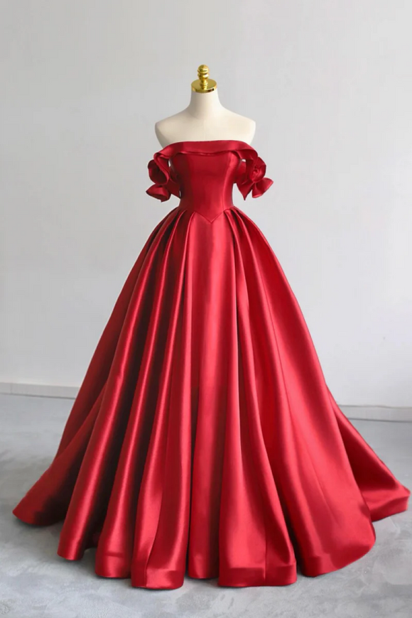 A Line Satin Long Prom Dress, Elegant Off the Shoulder Evening Party Dress APP1082