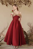 A Line Off Shoulder Sweetheart Neck Tea Length Burgundy Prom Dress APP1083