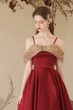 A Line Off Shoulder Sweetheart Neck Tea Length Burgundy Prom Dress APP1083