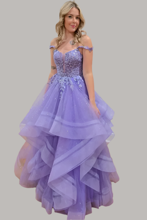 Light Purple Off Shoulder Tulle Lace Long Party Dress, Light Purple Prom Dress APP1084