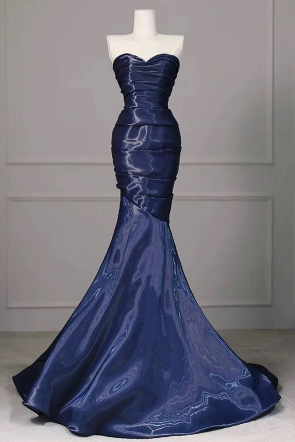 Navy Blue Mermaid Strapless Long Evening Dress, Navy Blue Satin Prom Dress APP1087