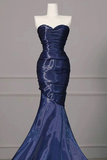 Navy Blue Mermaid Strapless Long Evening Dress, Navy Blue Satin Prom Dress APP1087