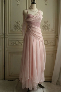 Lovely Pink Long Chiffon Sweetheart Party Dress, Pink Pearls Prom Dress APP1088