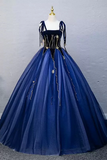 Blue Straps Scoop Floor Length Formal Dress, Blue Tulle Low Back Prom Dress APP1089