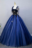 Blue Straps Scoop Floor Length Formal Dress, Blue Tulle Low Back Prom Dress APP1089