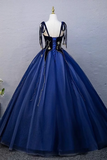 Blue Straps Scoop Floor Length Formal Dress, Blue Tulle Low Back Prom Dress APP1089