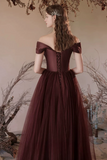 A Line V Neck Tulle Red Long Prom Dress, Tulle Long Formal Dress APP1091