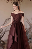 A Line V Neck Tulle Red Long Prom Dress, Tulle Long Formal Dress APP1091