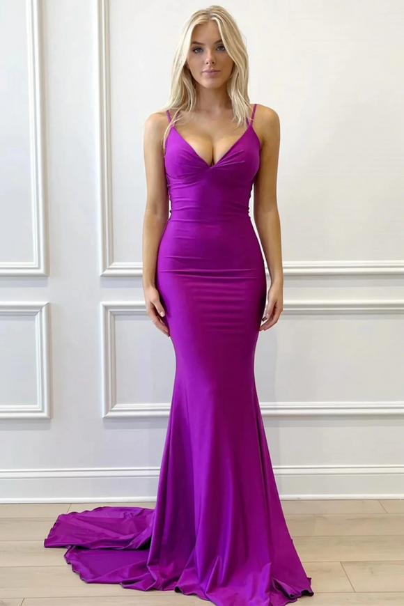 V Neck Backless Mermaid Purple Long Prom Dresses with Train APP1093