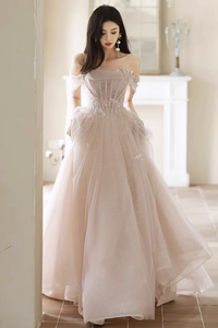 A Line Off Shoulder Tulle Champagne Long Prom Dress, Long Formal Dress APP1094