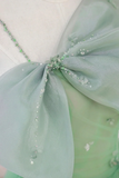 Green Tulle Short Prom Dress, A Line Evening Dress with Bow APH0308