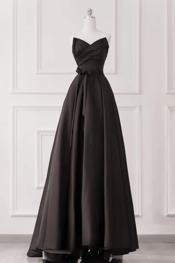 A Line Black Satin V Neckline Strapless Prom Dress, Black Long Party Dress APP1095