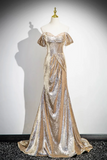 Gold Sequins Long Prom Dress, Shiny Off the Shoulder Backless Evening Party Dress APP1096