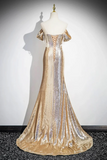 Gold Sequins Long Prom Dress, Shiny Off the Shoulder Backless Evening Party Dress APP1096