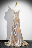 Gold Sequins Long Prom Dress, Shiny Off the Shoulder Backless Evening Party Dress APP1096