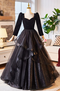 Black Velvet and Tulle Long Prom Dress, Elegant Floor Length Evening Dress APP1097