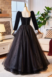 Black Velvet and Tulle Long Prom Dress, Elegant Floor Length Evening Dress APP1097