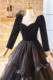 Black Velvet and Tulle Long Prom Dress, Elegant Floor Length Evening Dress APP1097