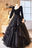 Black Velvet and Tulle Long Prom Dress, Elegant Floor Length Evening Dress APP1097