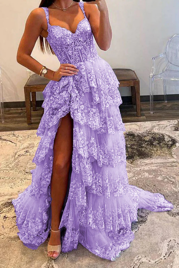 Off the Shoulder Tiered Prom Dress Sparkly Lace Appliques Evening Party Dress with Slit APP1099